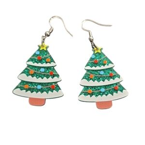 Acrylic Sparkly Festive Christmas Tree Dangle Earrings